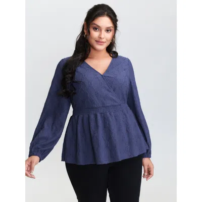 Bloomchic Women's Plus Size Eyelet Trim Shirred Waist Flared Top Darkblue Extra Long Sleeve Elegant 10/m In Blue