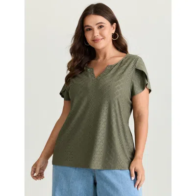 Bloomchic Women's Plus Size Eyelet Trim Split Neckline Knit Top Armygreen Cap Sleeve Casual 30/6x