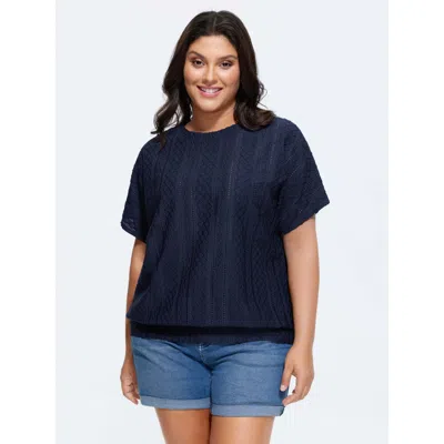 Bloomchic Women's Plus Size Eyelet Trim Stretchy Textured Plain Top Indigo Short Sleeve Casual Round Neck 22-2 In Purple