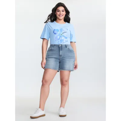 Bloomchic Women's Plus Size Faded Mid-rise Stretchy Denim Shorts Denimlightblue Non High Rise High Stretch Cas