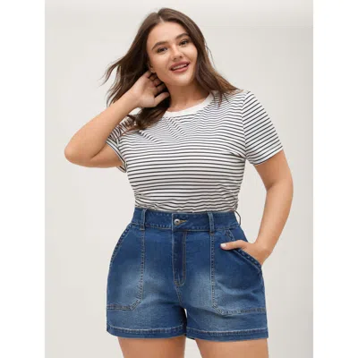 Bloomchic Women's Plus Size Faded Straight-leg Denim Shorts Midblue Medium Stretch Casual 30/6x