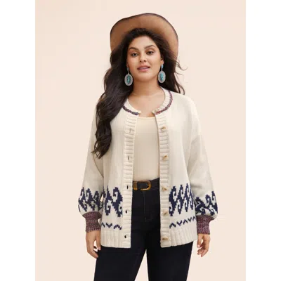 Bloomchic Women's Plus Size Fair Isle Balloon Sleeve Crew Neck Cardigan Ivory Long Sleeve 12/l In White