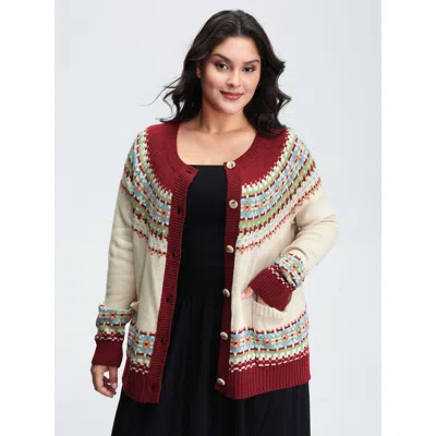 Bloomchic Women's Plus Size Fair Isle Button-front Pockets Cardigan Beige Long Sleeve 30/6x In Sand