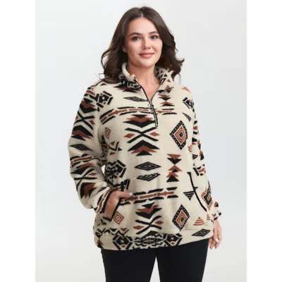 Bloomchic Women's Plus Size Fair Isle Fleece Zipper Sweatshirt Lightbrown Not Graphics Casual 12/l In Brown
