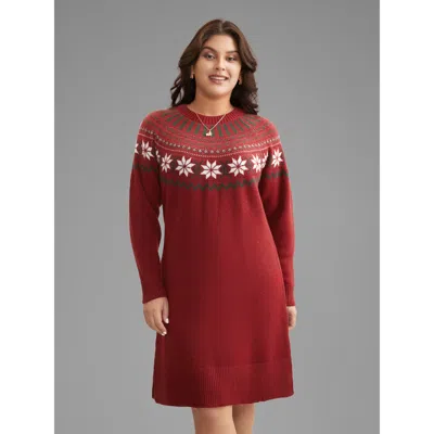 Bloomchic Women's Plus Size Fair Isle Geometric Midi Sweater Dress Scarlet Geometric Tunic Texture 28/5x In Red