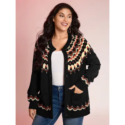 Bloomchic Women's Plus Size Fair Isle Halloween Print Pockets Knit Cardigan Black Long Sleeve 10/m