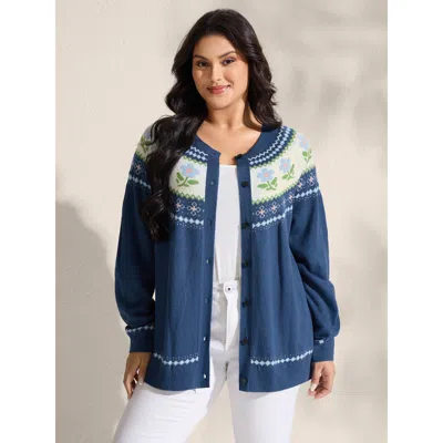 Bloomchic Women's Plus Size Fair Isle Jacquard Color Contrast Knit Cardigan Aegean Long Sleeve 18-20/2x In Blue