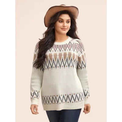 Bloomchic Women's Plus Size Fair Isle Jacquard Crew Neck Pullover Beige Long Sleeve 14-16/1x In Sand