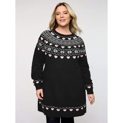 Bloomchic Women's Plus Size Fair-isle Jacquard Midi Sweater Dress Black Heart Tunic 10/m