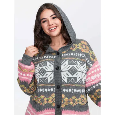 Bloomchic Women's Plus Size Fair-isle Pattern Jacquard Knit Cardigan Darkgray Long Sleeve Hooded Neck 12/l In Gray