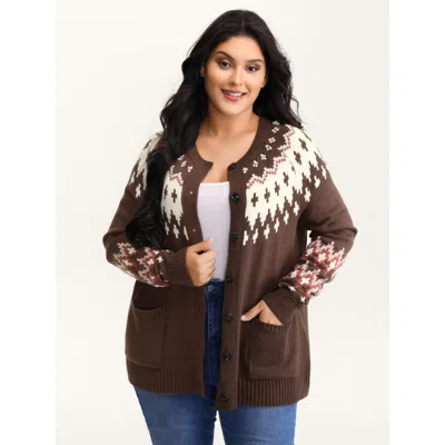 Bloomchic Women's Plus Size Fair-isle Yoke Button Knit Cardigan Browncoffeecolor Long Sleeve 10/m