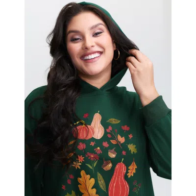 Bloomchic Women's Plus Size Fall Feeling Pattern Hoodie Darkgreen Natural Flowers Casual 10/m In Green