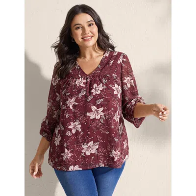 Bloomchic Women's Plus Size Fall Floral Print Lace Trim Blouse Deepred Floral Elegant Long Sleeve 10/m In Red
