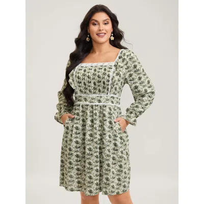 Bloomchic Women's Plus Size Fall Floral Print Lace Trim Midi Dress Moss Floral Short Elegant 18-20/2x In Green