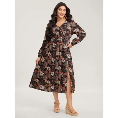 Bloomchic Women's Plus Size Fall Floral Print Surplice Neck Midi Dress Blackflower Paisley Midi Vacation Overl
