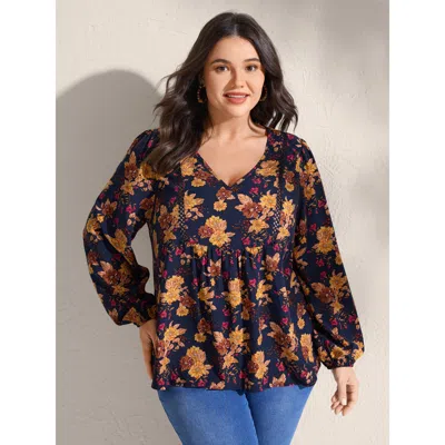 Bloomchic Women's Plus Size Fall Florals Lace Trim Flowy Blouse Darkblue Floral Vacation Long Sleeve 12/l In Blue