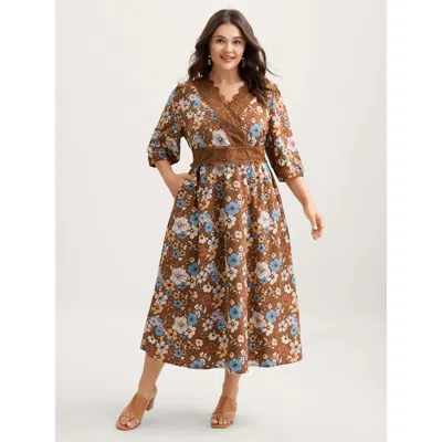 Bloomchic Women's Plus Size Fall Florals Lace Trim Neckline Midi Dress Yellowishbrown Floral Midi Elegant Over