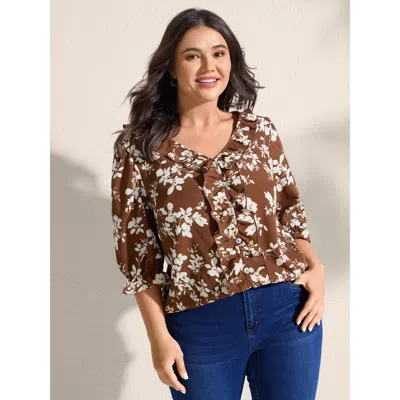 Bloomchic Women's Plus Size Fall Silhouette Florals Button Ruffled Blouse Yellowishbrown Floral Elegant 3/4 Sl
