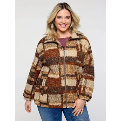 Bloomchic Women's Plus Size Fall-ready Colorblock Fluffy Zipper Coat Yellowishbrown Texture H-line 10/m