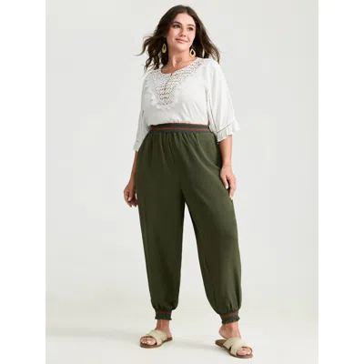 Bloomchic Women's Plus Size Fancy Shirred Waistband Jogger Pants Armygreen Non Tapered Ankle Mid Rise Vacation