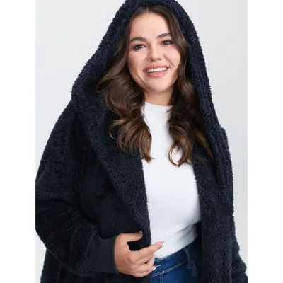 Bloomchic Women's Plus Size Faux Fur Hooded Pockets Coat Darkblue Texture A-line 18-20/2x In Blue