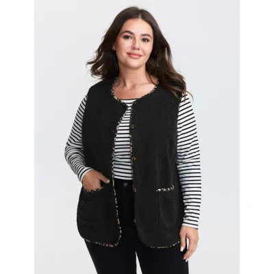 Bloomchic Women's Plus Size Faux Shearling Patchwork Leopard Edge Vest Black Colorblock 10/m