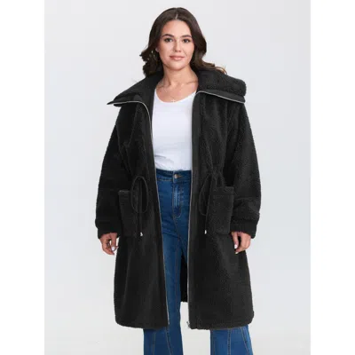 Bloomchic Women's Plus Size Faux Shearling Zipper Pockets Coat Black Cable Knit Straight Fit 10/m