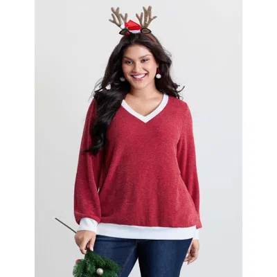 Bloomchic Women's Plus Size Faux-wool Color Contrast Sweatshirt Brightred Casual 12/l