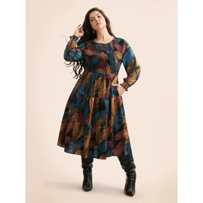 Bloomchic Women's Plus Size Feather Print Shirred Lantern Sleeve Dress Black Geometric Midi Vacation Shirred 1