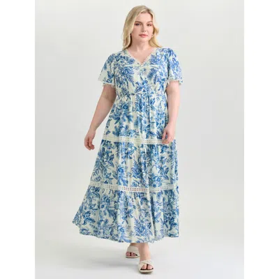 Bloomchic Women's Plus Size Femme Floral Print Lace Trim Maxi Dress Lightblue Floral Elegant 10/m In Blue