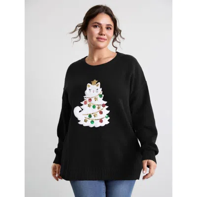 Bloomchic Women's Plus Size Festive Cat Tree Colorful Pullover Black Graphic-christmas Long Sleeve Round Neck 