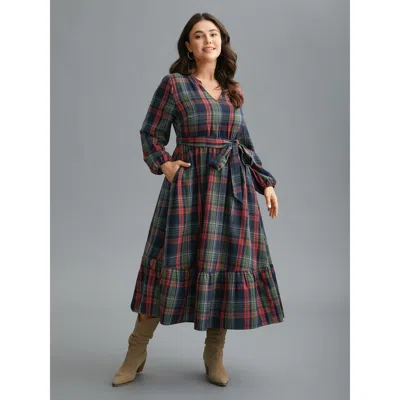 Bloomchic Women's Plus Size Festive Notched Collar Plaid Dress Navy Plaid Midi Casual Lace-up 18-20/2x In Blue