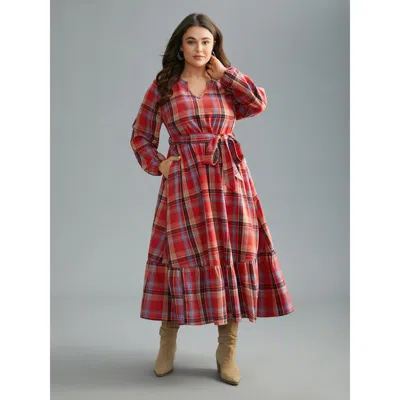 Bloomchic Women's Plus Size Festive Notched Collar Plaid Dress Raspberry Plaid Midi Casual Lace-up 22-24/3x In Pink