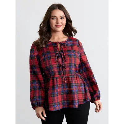 Bloomchic Women's Plus Size Festive Plaid Bowknots Adjustable Blouse Brightred Plaid Casual Long Sleeve Round 
