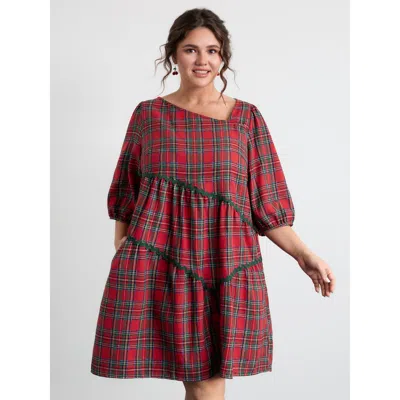 Bloomchic Women's Plus Size Festive Plaid Wavy Trim Mini Dress Brightred Plaid Midi Casual Asymmetrical 12/l