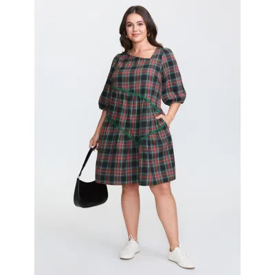Bloomchic Women's Plus Size Festive Plaid Wavy Trim Mini Dress Darkgreen Plaid Midi Casual Asymmetrical 18-20/ In Green