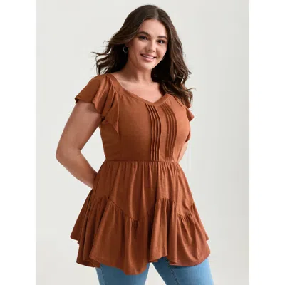 Bloomchic Women's Plus Size Fit And Flare Flutter Sleeve Shirred Top Rust Cap Sleeve Casual 18-20/2x In Brown