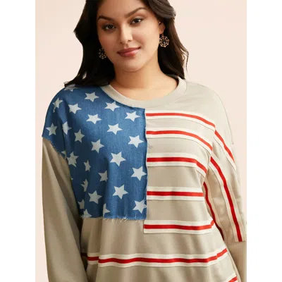 Bloomchic Women's Plus Size Flag And Denim Spliced Crew Neck Sweatshirt Champagne Everyday 12/l In Gold
