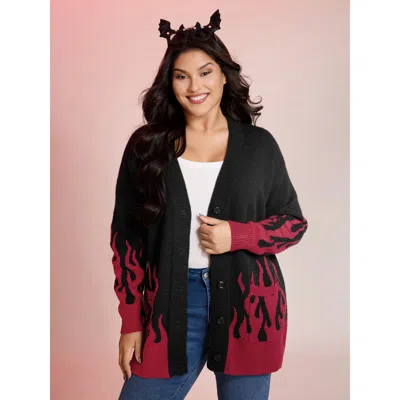 Bloomchic Women's Plus Size Flame Pattern Ribbed Hem Pockets Knit Cardigan Black Long Sleeve 10/m