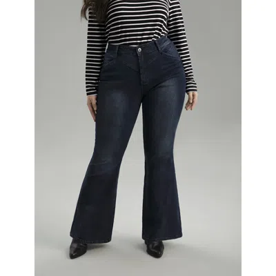 Bloomchic Women's Plus Size Flare Leg Very Stretchy Pleated Patchwork Jeans Midnight Plain Plain High Stretch  In Blue