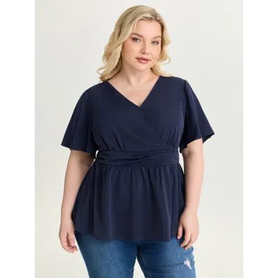 Bloomchic Women's Plus Size Flared Sleeve Pleated Waist Blouse Darkblue Non Elegant Short Sleeve 12/l In Blue