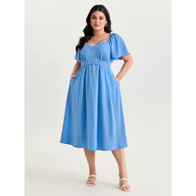 Bloomchic Women's Plus Size Flared Sleeve Pleated Waist Plain Midi Dress Skyblue Solid Midi Elegant Smocked 12 In Blue