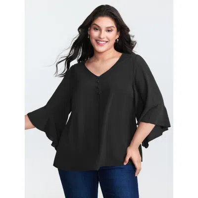 Bloomchic Women's Plus Size Flared Sleeve V-neck Drape Blouse Black Non Casual 3/4 Sleeve 10/m