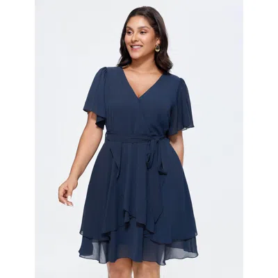 Bloomchic Women's Plus Size Flared Sleeve Waist-tie Mini Dress Darkblue Solid Midi Elegant 10/m In Blue