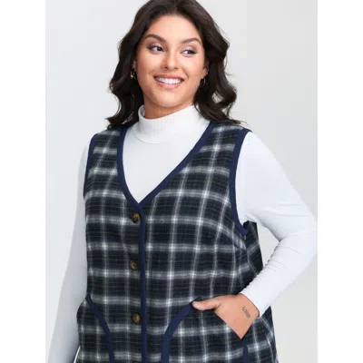 Bloomchic Women's Plus Size Fleece Checkered Pattern Button-down Vest Navy Patchwork 10/m In Blue