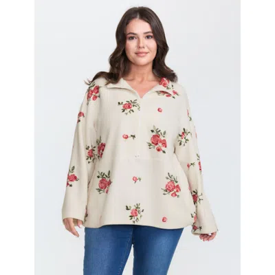 Bloomchic Women's Plus Size Fleece Floral Embroidered Zipper Sweatshirt Beige Casual 14-16/1x In Sand