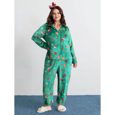 Bloomchic Women's Plus Size Fleece Holiday Joy Pockets Hooded Pajama Onesie Teal Non Pajama Jumpsuits 10/m In Blue