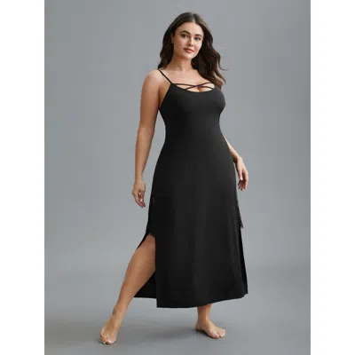 Bloomchic Women's Plus Size Flirty Crisscross Slit Hem Nightgown Black Sleeveless Maxi Scoop Neck 18-20/2x
