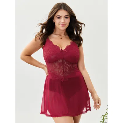 Bloomchic Women's Plus Size Flirty Lace Trim Sheer Flowy Nightgown Deepred Sleeveless Mini V-neck 10/m In Red