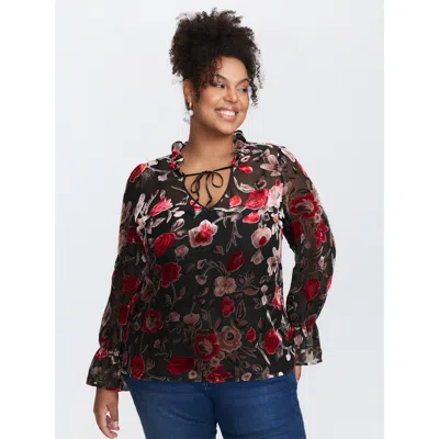 Bloomchic Women's Plus Size Flock Floral Ruffled Cuff Blouse Black Floral Elegant Extra Long Sleeve 14-16/1x